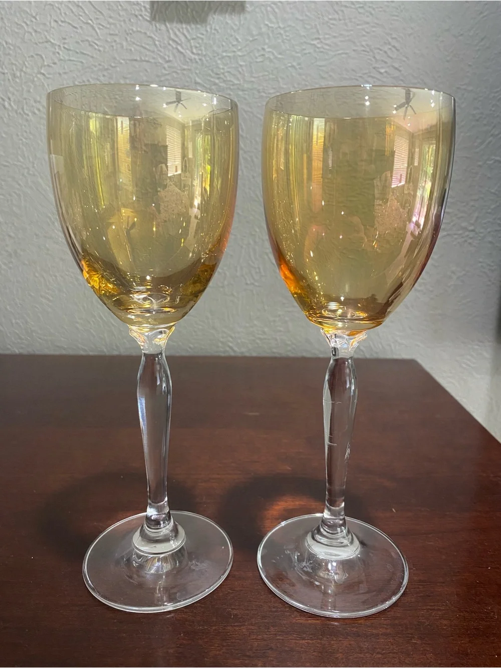 Vintage, Set of 2, Pier 1, Iridescent Amber Wine Glasses. P1C1 Amber Collection
